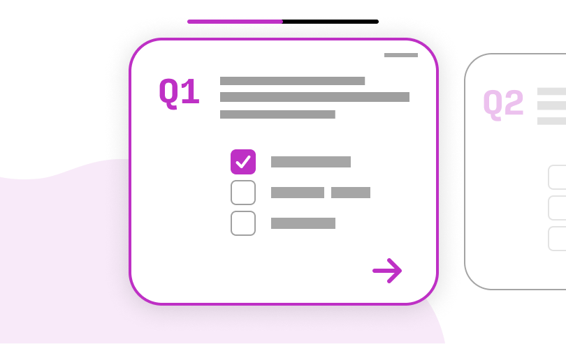 A template question card displays a progression bar through a survey. It also features space for a custumized prompt and a multiple-choice selection for responses.