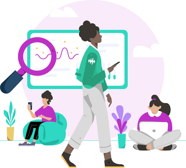 Two teens are holding their phones, and a third teen is on a laptop. In the background, a magnifying glass hovers over trend graphics.