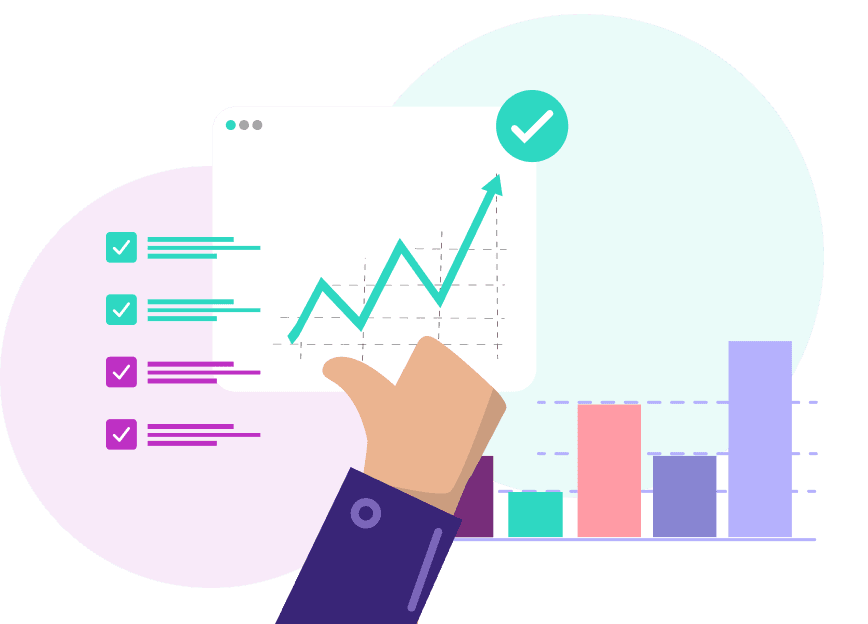 Lists and charts, with an approving thumb raised.
