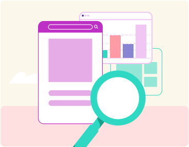 A magnifying glass above data trend graphics.